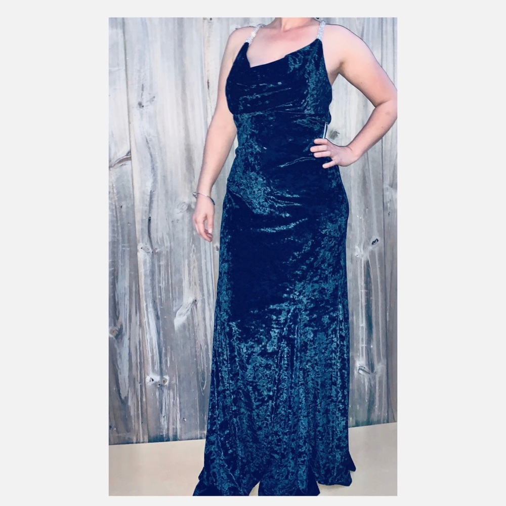 Stunning! Black Velvet & Rhinestone Cross Back Gown